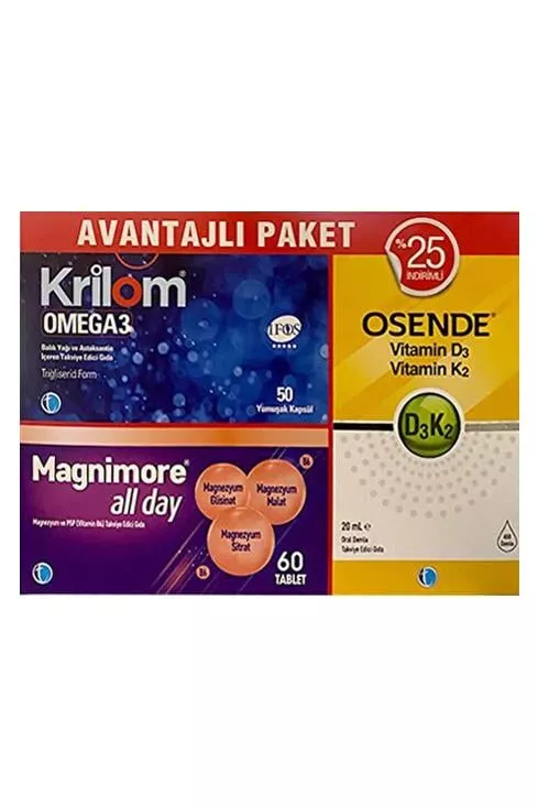 Krilom Omega3 50 Kapsül+ Magnimore Allday 60 Tablet + Osende D3k2 20 ml Avantajlı Paket