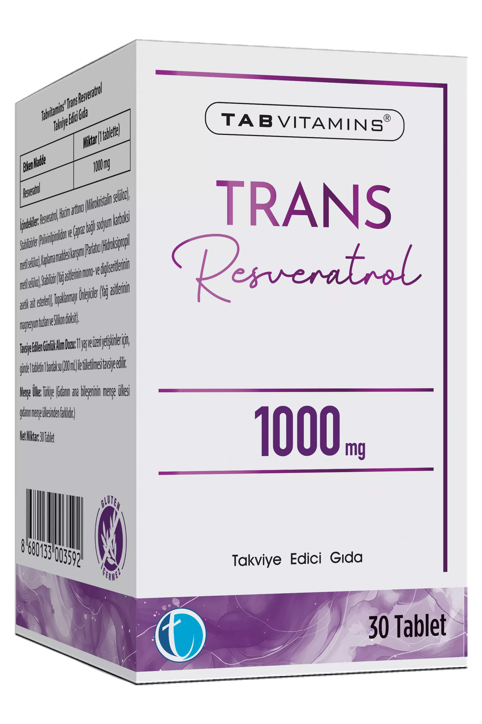 Tab İlaç TabVitamins Trans Resveratrol 1000 mg 30 Tablet